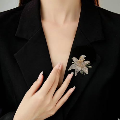 Image of Lily Flower Wedding Statement Brooch Art CZ Lapel Pin Austrian Crystal Leaf Bouquet Clusters Brooches Elegant Dress Suit Sweater Accessories for Women Ladies Party Prom Xmas Jewelry Gift