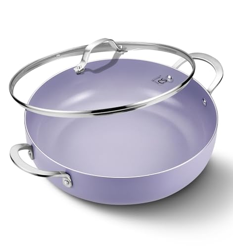 Image of KOCH SYSTEME CS Nonstick Saute Pan with Lid, 12 Inch Deep Frying Pan, 5.5 Quart Ceramic Saute Pan with Lid, Deep Fry Pan with Double Handled, Dishwasher & Oven Safe, Induction Compatible, Purple