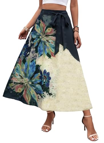 Women's Maxi Trendy Flowy Print A Line Long Skirt High Waist Comfort Beach Party Wear Flower-28 Medium