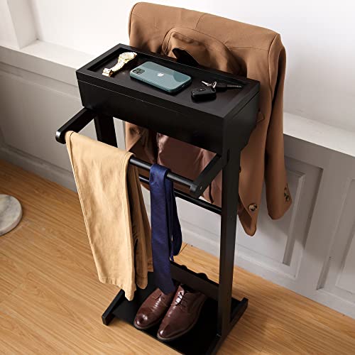 Suit Stand, Durab Valet Stand For Man Black Wood Suit Valet Stand Clothes Stand With Top Tray Shoe Rack, Lidded Storage Used In Entryway Office Living Room, 17.31"D X 13.58"W X 43.31"H #TOP2