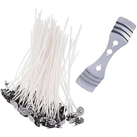 Body-Plus 100pcs Candle Wicks - 15CM/150MM Natural Cotton Pre Waxed Wicks with Stainless Steel Candle Wick Holder - Low Smoke with Longer Burning Time, DIY Candle Crafts, Off-white (Wx-100) Cover