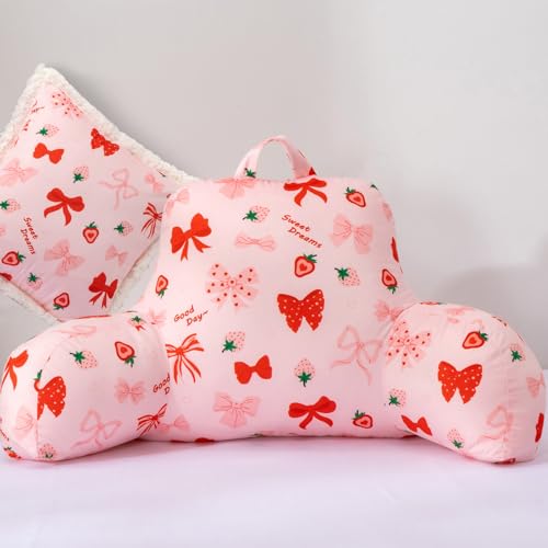 A Nice Night Kids Back Reading Pillow for Reading and Watching TV Bed to Lounge, Cute Ribbon Bowknot Strawberry Printed,with Matching Cushion Cover