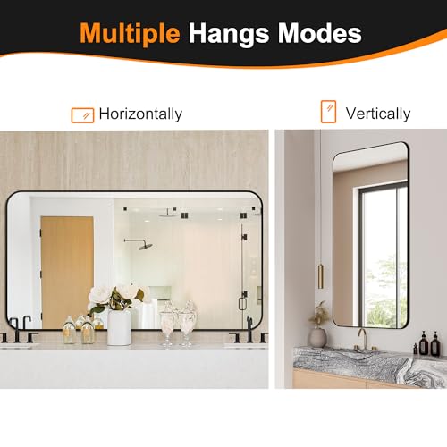 Image of Delma Bathroom Vanity Mirror, Black Framed Mirror for Over Sink, 55x30 | HD glass, distortion-free for makeup and grooming, Sturdy frame, all mounting hardware, hangs horizontal or vertical