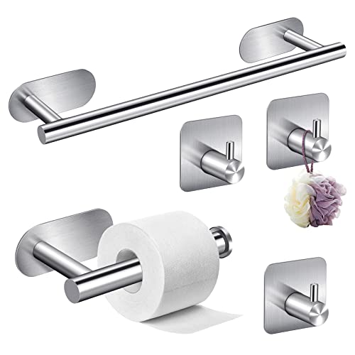 Toilettenpapierhalter Ohne Bohren 5-IN-1 Set, Edelstahl Handtuchhalter Set, 3 Stück Handtuchhaken Selbstklebend, Bad Handtuchstange, Handtuchhalter Für Badzimmer Toilette Küche Büro-Silber