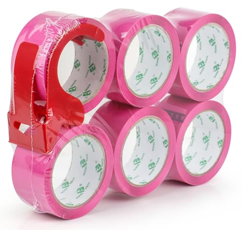 BOMEI PACK Pink Heavy Duty Sticky Packing Tape 6 Rolls Refills with 1 Dispenser 2.4mil x 2" x 55Y Strong Adhesive Packaging Tape for Carton Sealing, Mailing and Storage,Shipping, Moving