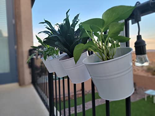 Garden4Life 6.25 Inch Large Iron Hanging Plant Pot Set - Planters For Indoor Plants & Outdoor Flora W/Drainage Hole, Detachable Hook - Ideal Balcony Planters Fence Railing Hanging Pots - 4Pcs White #TOP4