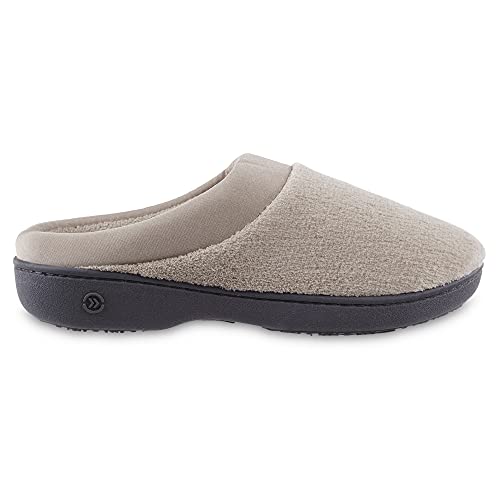 Isotoner Women's Terry And Satin Slip On Cushioned Slipper With Memory Foam For Indoor/Outdoor Comfort Flat Sandals, Stone, 7.5-8 #TOP3