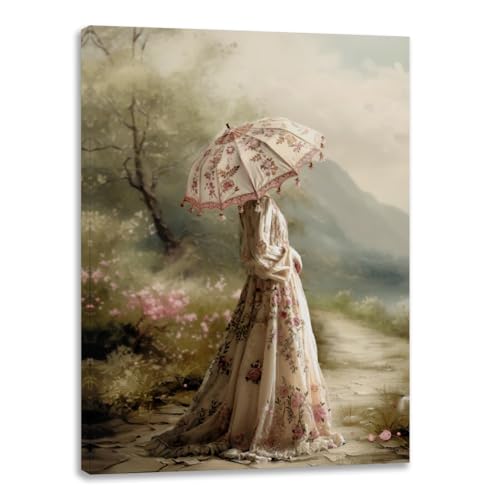 Elegant Lady Holding an Umbrella in Lakeside Print Poster Canvas Art Retro Artwork Aesthetic Home Decor Minimalism Abstract Print for Office Bedroom Living Room Bathroom Wall Decor Framed8x12inch