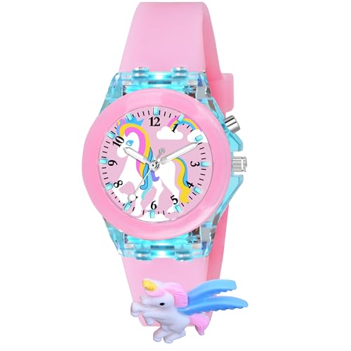 ON TIME OCTUS Analouge Kinder- Armbanduhr für Mädchen, mehrfarbig, leicht, niedlich, 3D- Cartoon- Charaktere (mehrfarbiges Zifferblatt und farbiges Armband), Pinkes Einhorn, Modern