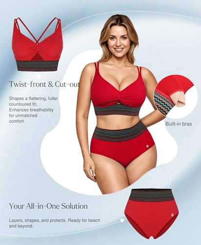 Popilush High Waisted Bikini Sets for Women Shapewear Tummy Control Two Piece Boho Bathing Suit 4 Way Wear Beach and Pool Size S Color Red — view 3