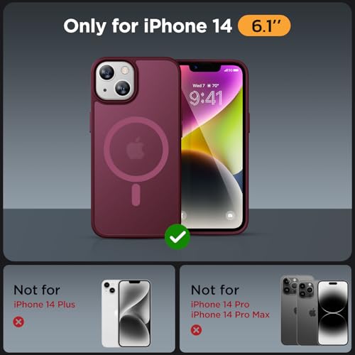 Image of Miracase Magnetic for iPhone 14 Case 6.1 inch (Compatible with MagSafe)(with 2X Screen Protectors) Military-Grade Protection, Anti-Fingerprint Translucent Matte Phone Case Cover, Wine Red