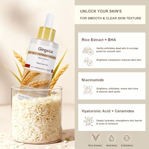 Girgstar White Rice Peeling Ampoule - Gentle Exfoliating Serum with Niacinamide & Rice Extract | Brightening Face Treatment for Dead Skin Removal | All Skin Types (80ml/2.7oz)