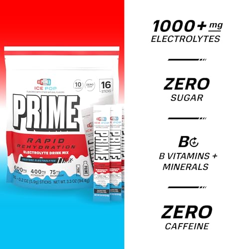 Image of Prime Rapid Rehydration Electrolyte Powder Sticks, Ice Pop, Sugar Free Hydration Drink Mix with Sodium, Potassium, Magnesium & B Vitamins to Replenish Fluids, Caffeine Free, 16 Count