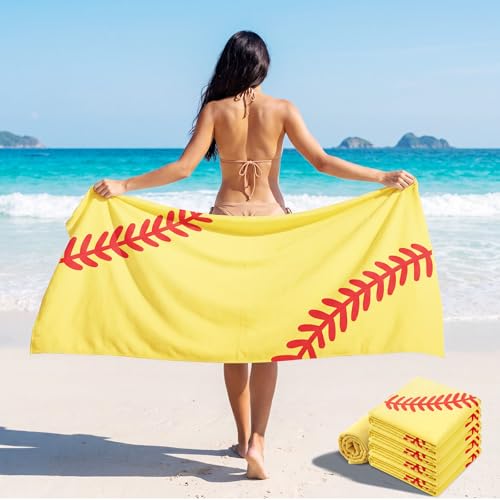 Peryiter 6 Pcs Softball Beach Towels 30 x 60 Yellow Baseball Beach Towels Softball Team Gift Woman Girls Bath Swimming Gift Sport Party Favor