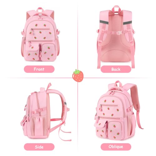 Image of DIGOBAY Backpack for Girls 6-8, 3PCS Embroidery Toddler Girls Backpack with Lunch Bag Pencil Case, 15.7 inch Kids School Bookbag for Preschool Kindergarten Elementary Daycare Backpacks, Pink Strawberry