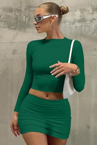 Image of LAGSHIAN Women Sexy 2 Piece Outfits Long Sleeve Crop Top Bodycon Mini Skirt Club Suits Dress