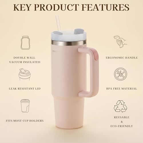 Image of AXEON Stainless Steel Tumbler with Handle & Straw - 900ml | Double Wall Vacuum, Reusable & Leak-Proof Stanley Sipper | Travel Coffee & Cold Drink Cup for Gym, Office & Travel, Rose Colour