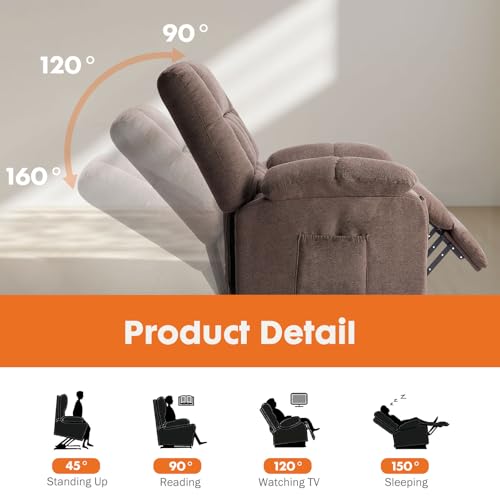 Sweetcrispy Power Lift Recliner Chair with Vibration Massage and Heat for Adults, Ergonomic Overstuffed Breathable Fabric Reclining Chair with Side Pockets, Remote Control, Living Room, Bedroom, Brown
