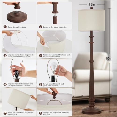 Image of EJIAXIN Floor Lamps for Living Room - 60 inch Farmhouse Floor Lamp with Adjustable Color Temperatures - Vintage Standing Lamp Reading Light with Linen Shade Tall Lamp for Bedroom Office, Reddish Brown