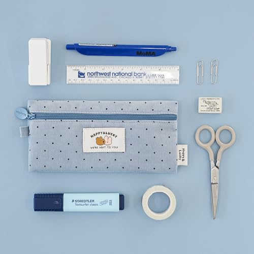 Image of Monolike Happy and Lucky Candy Dot pen case, Blue - Slim Corduroy Style Cotton Pen Pouch, Cute Aesthetic Pastel Stationery Organizer for Office