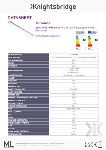 Knightsbridge 230V IP65 IK08 5ft 50W DALI CCT Adjustable Non-Corrosive, 50w Cct - Image 2