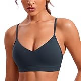 CRZ YOGA Butterluxe V-Neck Sports Bras for Women - Adjustable Thin Straps Padded Yoga Top Basic Wireless Camisole True Navy Small