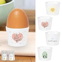 Cepewa Eierbecher 4er Set 4 Motive | Porzellan weiß 5x4cm | Halter für Eier mit Gute Laune Sprüche (1 x 4er Set Eierbecher 5x4cm)