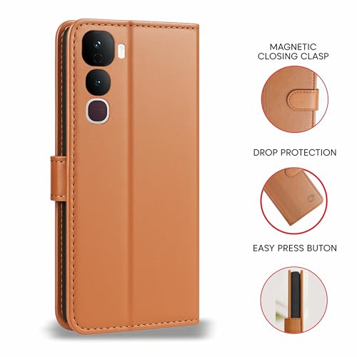 Image of AIBEX Shock Proof Flip Compatible for Vivo Y400 Pro 5G Flip Cover Leather Finish | Inside TPU with Card Pockets | Wallet Stand | Complete Protection Flip Case - Brown