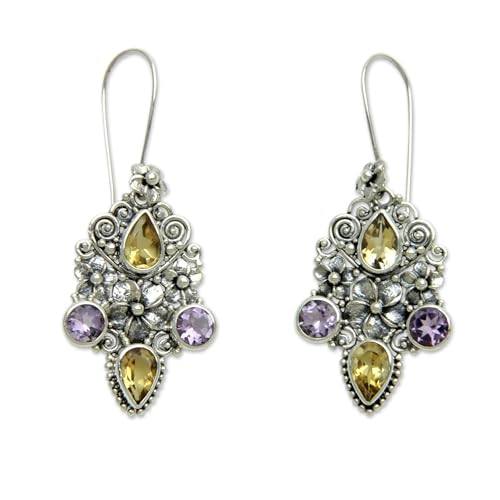 NOVICA Artisan Handmade Citrine Amethyst Dangle Earrings Balinese Silver Sterling Purple Yellow Indonesia Floral Birthstone Traditional [2.2 in L x 0.9 in W x 0.1 in D] ' Secret Garden'