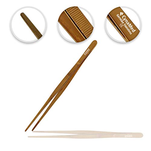 Cynamed 10” Kitchen Premium Tongs Tweezers Stainless Steel, Long With Precision Serrated Tips (Copper) #TOP7