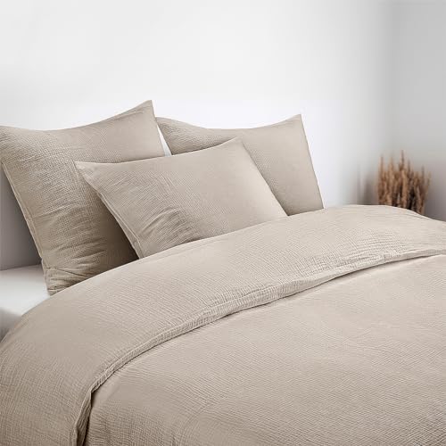 Juego de cama de muselina, 135 x 200 cm, color blanco y beige