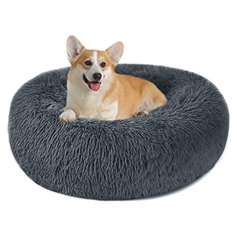 Calming Dog Cat Donut Bed - 23.6in Fluffy Plush Puppy Kitten Cuddler Round Bed, Warm and Soft Pet Cosy Anti Anxiety Beds with Non-Slip Bottom and Washable (L-60CM, Dark Grey) Cover
