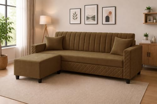 Image of 3 Seater Velvet Sofa with Ottoman | Modern Upholstered Couch | Quilted Design | Soft Comfortable Seating | Sturdy Wooden Frame | Living Room, Office - Golden