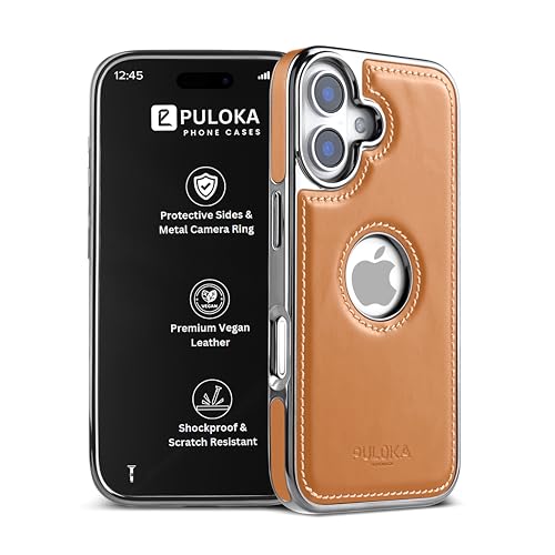 Image of PULOKA Chrome Leather Back Case - Compatible with iPhone 16 - Luxury Bumper Case - Flexible Vegan Leather - Electroplated Sides & Logocut - Full Camera Protetection & Raised Edges - TAN