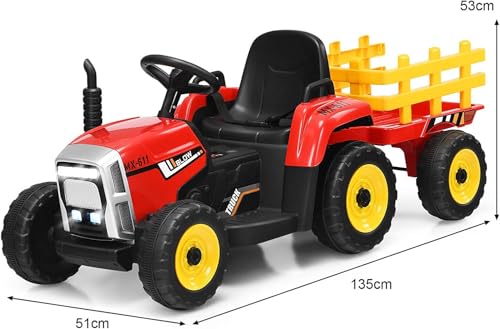 Tractor Eléctrico 12V 7Ah, 2+1 Cambio de Marchas, 25W Tractor Batería con Remolque, Bocina/ Reproductor MP3/ Bluetooth/ Puerto USB/ Faro de 7 LED, Control Remoto para Niño 3-6 años (Rojo)