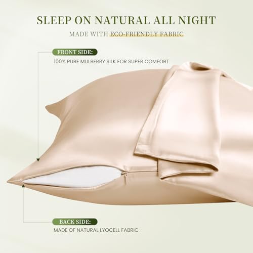 Image of THXSILK Mulberry Silk Pillowcase Queen Size, Set of 2 Pillowcases, Pillow Cover with Hidden Zipper, Soft Smooth Cooling Pillowcases for Hair and Skin, Gift for Women Men, Champagne