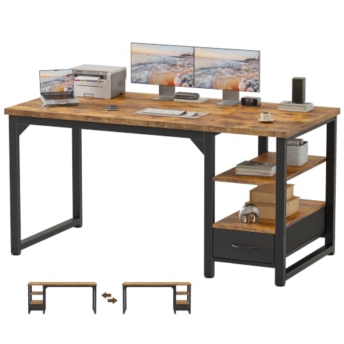Image of Mericonia 54 in Computer Desk with Drawer, 1 inch Thick Reversible Office Desk | Large Modern Writing Table with Storage Shelves, Heavy Duty Industrial Executive Desk for Home Bedroom Study Work
