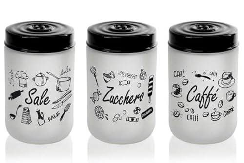 Set 3 Barattoli Contenitori, Tris Sale Zucchero Caffè, in Vetro Bianco Satinato, con Decorazioni