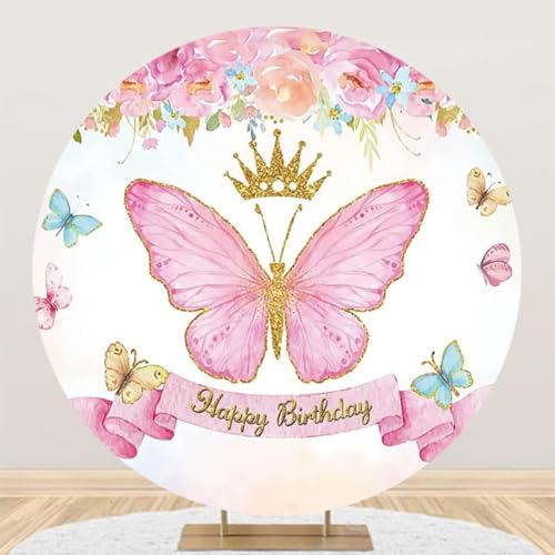 Renaiss Pink Butterfly Round Backdrop Cover for Birthday 7.2 ft Watercolor Flowers Golden Crown Circle Backdrop Cover for Girls Baby Shower Party Supply Photo Prop Polyester Fabric by Renaiss - Used condition - Image 5