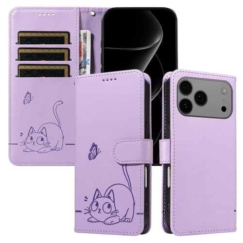 Étui iPhone 14 Pro Max violet en cuir avec motif chat mignon et portefeuille