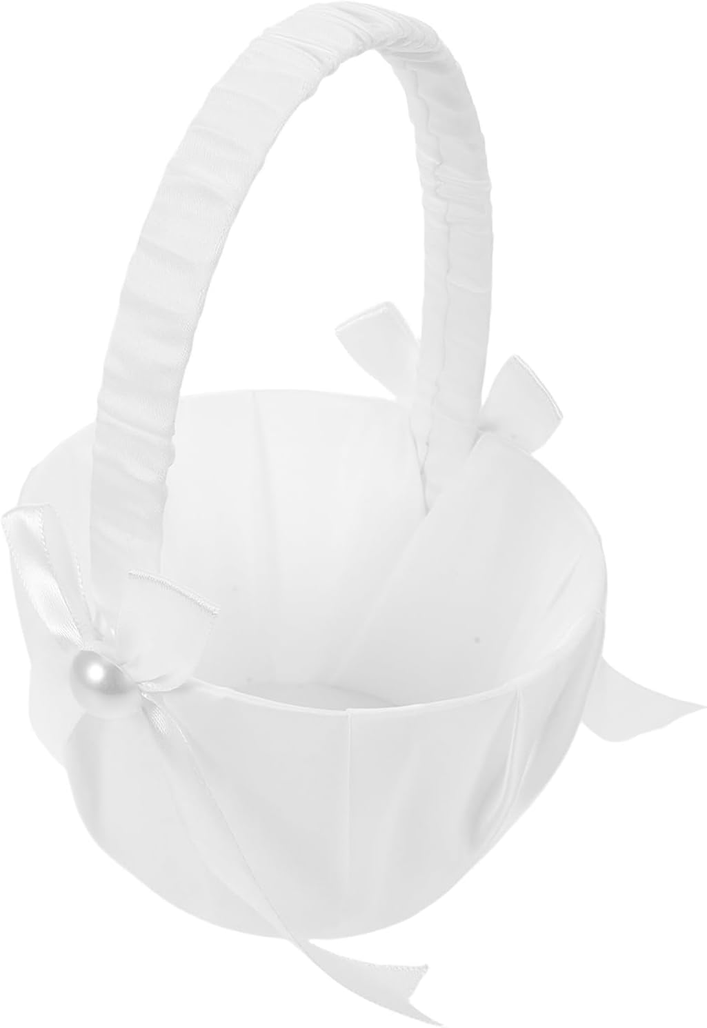 4pcs Wedding Flower Girl Baskets with White Satin Bowknot and Pearl Accents, Plastic Handle Baskets for Wedding Ceremony, Candy and Favor Holder for Bridal Party