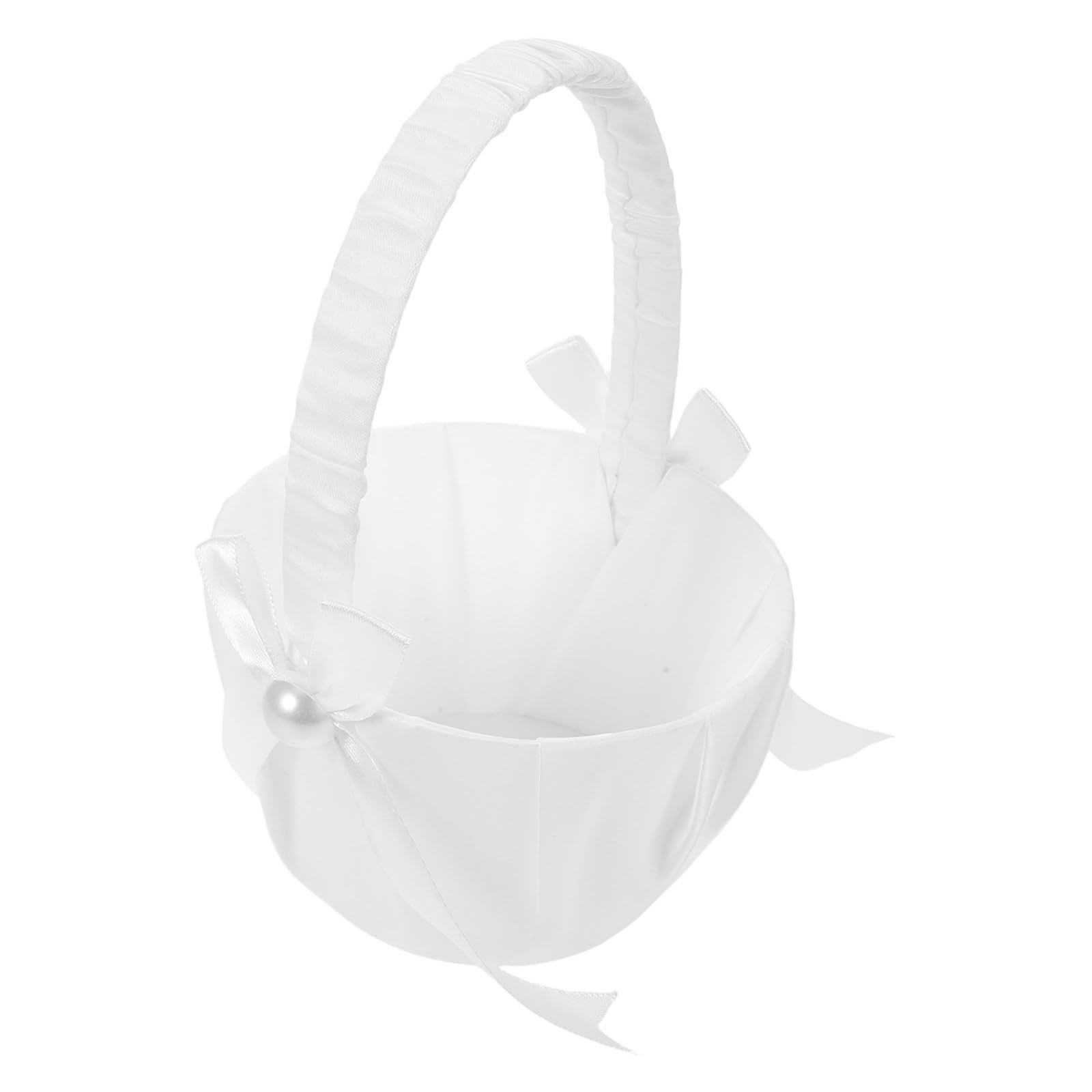 DOITOOL 4 Stück Weiße Satin Hochzeitsblumenmädchen Körbe mit Perlen und Schleife Eleganter Blütenkorb für Hochzeitszeremonien und Romantische Anlässe