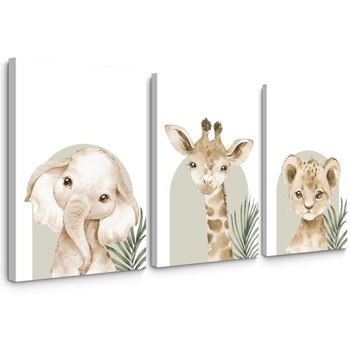 Image of Animal Wall Art Pictures Baby Nursery Canvas Wall Art Decor Safari Animal Prints Jungle Kids Wall Art Woodland Nursery Wall Decor Giraffe Jungle Poster for Room 16x24 Inch Framed Set of 3