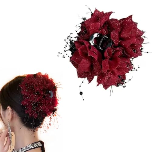 Pinza para cabello roja con moño y cuentas grande miniatura 1