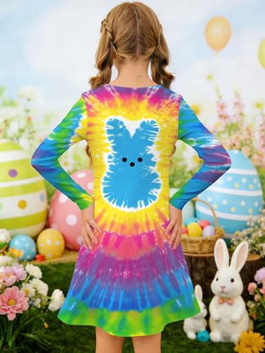 Image of Ithalt Girls Easter Dress Bunny Print Shirts Easter Long Sleeve Dresses Litter Girls Christian Easter Gifts 5-12y