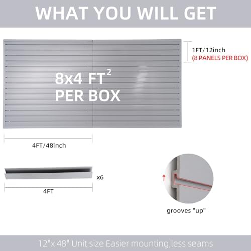 Slat Wall Panel 4x8 ft Heavy Duty PVC Slatwall Organizer, Grey Slat Wall Paneling Garage Slat Wall Storage Systems Gift for Mens, Slatwall Panel Peg Board Organizer Ladder Bike Rack (PVC-CA-GRAY-8) - 1