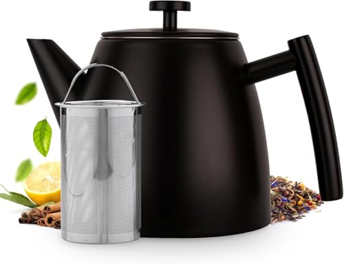 Vaja Trends Théière, 1L Noire Mat à Double Paroi en Acier Inoxydable Théière avec Infuseur et Réchaud, Machine à Thé