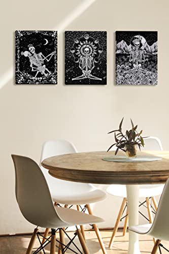 Gothic Skull Canvas Wall Art Prints,Gothic Skull Meditation Yoga Skeleton Paintings Prints,11X14 Inches Artwork Set Of 3 For Halloween Themed Decor Bathroom Bedroom Living Room Home Decorations #TOP5