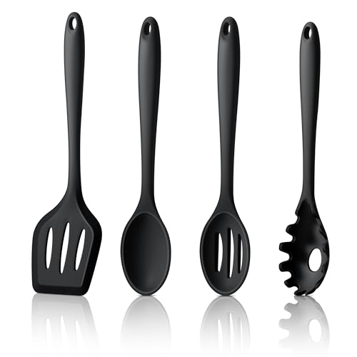 LIANYU Kitchen Utensils Set, 4Pcs Silicone Cooking Utensils, Heat Resistant Kitchen Tools for Stir Frying, Serving, Mixing, Include Turner, Spoon, Pasta Server, Dishwasher Safe, Black