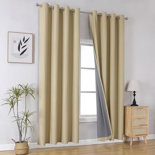Image of Joydeco Beige 90 Inch Blackout Curtains for Living Room, 100% Black Out Curtains for Bedroom Windows, Thermal Insulated Solid Room Darkening Drapes 90 Inches Long with Grommets